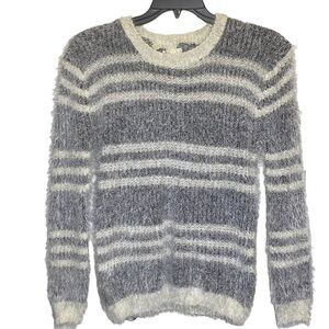Zeva women's Small Gray and white stripe fuzzy soft pull-on sweater long sleeve